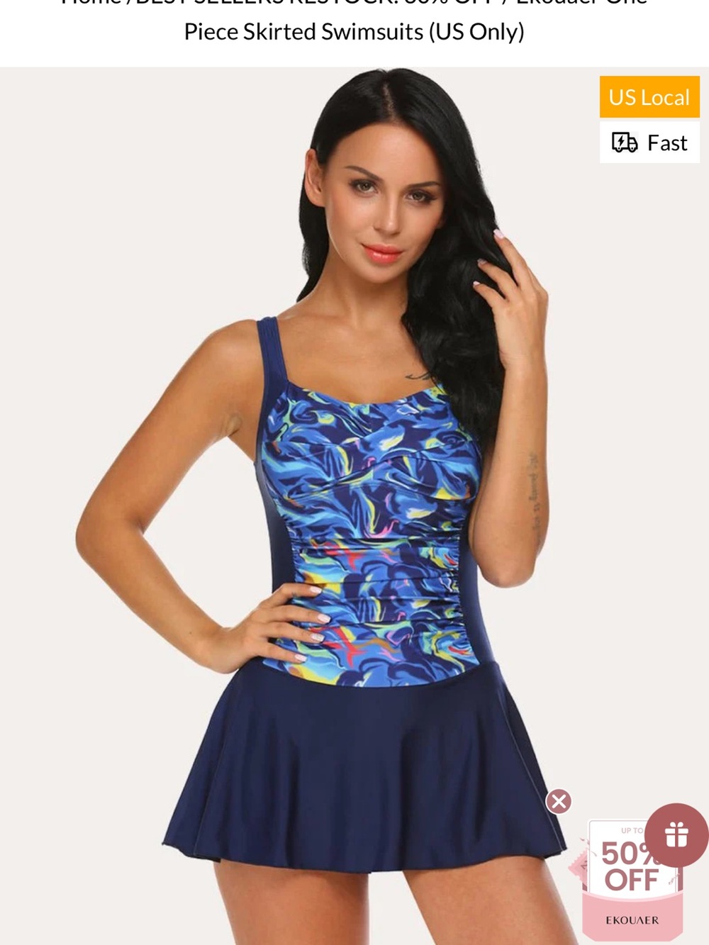 Royal Blue One-Piece Swim Dress with Multicolor Front Panel